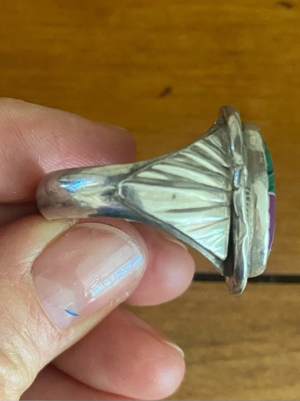 Vintage Native Sterling Silver Mosaic Multi Gemstone Inlay Men's Ring size 12